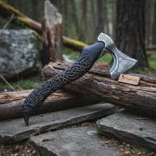 Load image into Gallery viewer, Handcrafted Viking-Style Bearded Axe with Engraved Steel Head and Carved Hardwood Handle