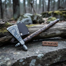 Load image into Gallery viewer, Custom Hand Forged Damascus Steel Smoking Axe – Functional Pipe Axe with Carved Hardwood Shaft