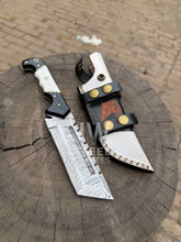 Load image into Gallery viewer, Handmade 10–11 Inch Damascus Tracker Outdoor Utility Knife – Black &amp; White Resin Handle