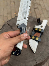 Load image into Gallery viewer, Handmade 10–11 Inch Damascus Tracker Outdoor Utility Knife – Black &amp; White Resin Handle