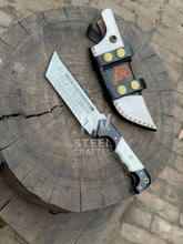 Load image into Gallery viewer, Handmade 10–11 Inch Damascus Tracker Outdoor Utility Knife – Black &amp; White Resin Handle
