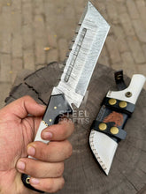 Load image into Gallery viewer, Handmade 10–11 Inch Damascus Tracker Outdoor Utility Knife – Black &amp; White Resin Handle