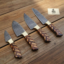 Load image into Gallery viewer, Custom Made Chef Knife Set with 4-Piece Damascus Blades and Chevron Wood Handles