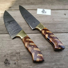 Load image into Gallery viewer, Custom Made Chef Knife Set with 4-Piece Damascus Blades and Chevron Wood Handles