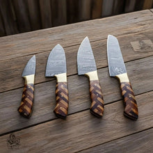 Load image into Gallery viewer, Custom Made Chef Knife Set with 4-Piece Damascus Blades and Chevron Wood Handles