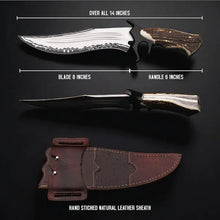 Load image into Gallery viewer, Hand Forged D2 Steel Bowie Knife with Genuine Stag Antler Handle &amp; Leather Sheath