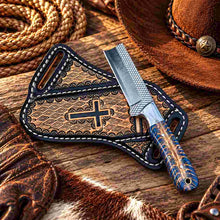 Load image into Gallery viewer, Custom Handmade 6.5-Inch Horse Rasp Stainless Steel Bull Cutter Knife with Resin Pinecone Handle &amp; Leather Sheath