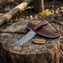 Load image into Gallery viewer, Damascus Trailing Point Skinner Knife with Red Wood Handle – 9 Inch Overall