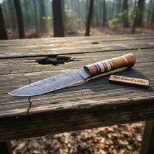 Load image into Gallery viewer, 10 Inch Damascus Steel Hunting Knife with Stacked Wood Handle | JW SteelCrafts