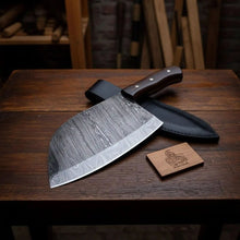 Load image into Gallery viewer, 12-Inch Serbian Damascus Cleaver — Rosewood Handle &amp; Leather Sheath