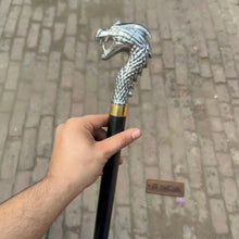 Load image into Gallery viewer, Handmade Cobra Head Sword Cane with Polished Steel Blade and Black Walking Shaft for Collection and Display