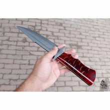 Load image into Gallery viewer, Handmade Coffin Handle Clip Point Bowie Knife Damascus Steel Blade Red Resin Handle Custom Fixed Blade JW SteelCrafts