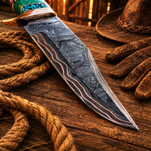 Load image into Gallery viewer, Copper Damascus Hunting Knife – Turquoise &amp; Resin Bowie