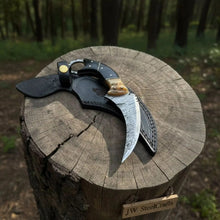 Load image into Gallery viewer, Handmade Damascus Karambit Knife with Horn Handle and Finger Ring