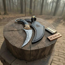 Load image into Gallery viewer, Handmade Damascus Karambit Knife with Horn Handle and Finger Ring