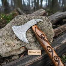 Load image into Gallery viewer, Handmade Damascus Steel Viking Bearded Axe – Pattern Welded Blade with Carved Hardwood Handle | JW SteelCrafts
