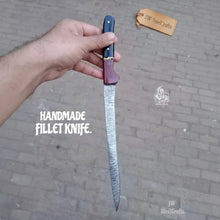 Load image into Gallery viewer, 13-Inch Forged Damascus Boning &amp; Fillet Knife — Blue and Red Two-Tone Resin Handle, Steel Bolster &amp; Silver Pins
