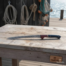 Load image into Gallery viewer, 13-Inch Forged Damascus Boning &amp; Fillet Knife — Blue and Red Two-Tone Resin Handle, Steel Bolster &amp; Silver Pins
