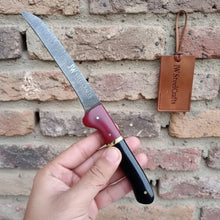 Load image into Gallery viewer, 13-Inch Forged Damascus Boning &amp; Fillet Knife — Blue and Red Two-Tone Resin Handle, Steel Bolster &amp; Silver Pins