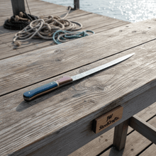 Load image into Gallery viewer, 13-Inch Forged Damascus Boning &amp; Fillet Knife — Blue and Red Two-Tone Resin Handle, Steel Bolster &amp; Silver Pins