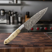 Load image into Gallery viewer, Custom Handmade Damascus Bunka Knife with Bone Handle and Steel Bolster, Hand Forged Japanese knives