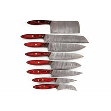 Load image into Gallery viewer, JW SteelCrafts Handmade Damascus Kitchen Knife Set of 8, Cleaver, Santoku, Gyuto Chef, Utility, Boning and Skinning Knives, Red Pakka Wood Handle, Full Tang