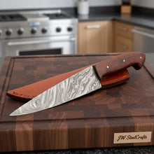 Load image into Gallery viewer, Handmade Damascus Chef Knife Set of 2 with Rosewood Handles, Full Tang Forged Kitchen Knives with Leather Sheaths, Professional Cooking and Meat Cutting Knife Pair