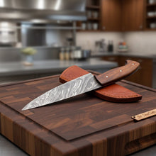 Load image into Gallery viewer, Handmade Damascus Chef Knife Set of 2 with Rosewood Handles, Full Tang Forged Kitchen Knives with Leather Sheaths, Professional Cooking and Meat Cutting Knife Pair