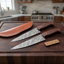 Load image into Gallery viewer, Handmade Damascus Chef Knife Set of 2 with Rosewood Handles, Full Tang Forged Kitchen Knives with Leather Sheaths, Professional Cooking and Meat Cutting Knife Pair