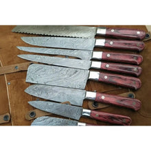 Load image into Gallery viewer, Handmade Damascus Chef Knife Set of 8 with Leather Roll, Full Tang Culinary Knife Collection with Red Wood Handles – JW SteelCrafts