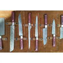 Load image into Gallery viewer, Handmade Damascus Chef Knife Set of 8 with Leather Roll, Full Tang Culinary Knife Collection with Red Wood Handles – JW SteelCrafts