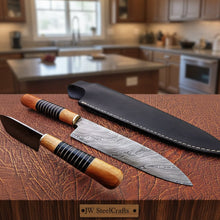 Load image into Gallery viewer, Handmade Damascus Chef Knife with Leather Sheath, 14 Inch Full Tang Kitchen Knife, 9 Inch Blade, Olive Wood Handle with Black Resin Spacers