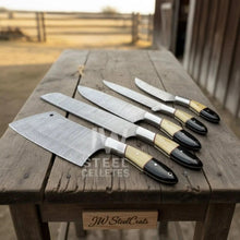 Load image into Gallery viewer, 5-Piece Damascus Chef Knife Set – Camel Bone and Black Micarta Handles