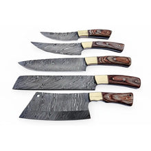 Load image into Gallery viewer, Handmade Damascus Kitchen Knife Set of 5 with Full Tang Wood Handles