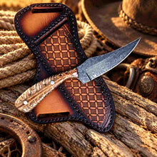 Load image into Gallery viewer, Handmade Damascus Ranch Cowboy Knife with White Pinecone Handle &amp; Western Leather Sheath