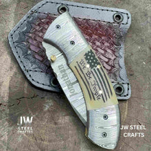 Load image into Gallery viewer, Handmade Damascus Drop Point Folding Knife – American Flag Handle, EDC Pocket Knife