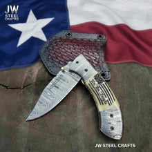 Load image into Gallery viewer, Handmade Damascus Drop Point Folding Knife – American Flag Handle, EDC Pocket Knife