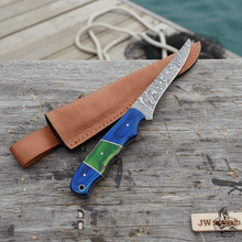 Load image into Gallery viewer, Handmade Damascus Fillet Knife – 10 Inch Overall, 5 Inch Precision Fish Filleting Blade with Colored Wood Handle, Full Tang Fishing Knife with Leather Sheath, JW SteelCrafts