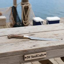 Load image into Gallery viewer, Handmade Damascus Fillet Knife – Flexible Fish Filleting Blade with Rosewood Handle, Full Tang Professional Fishing Knife, Leather Sheath Included, JW SteelCrafts