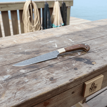 Load image into Gallery viewer, Handmade Damascus Fillet Knife – Flexible Fish Filleting Blade with Rosewood Handle, Full Tang Professional Fishing Knife, Leather Sheath Included, JW SteelCrafts