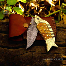 Load image into Gallery viewer, Handmade Damascus Fish Folding Knife – Bone Handle with Brass Bolster