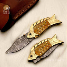 Load image into Gallery viewer, Handmade Damascus Fish Folding Knife – Bone Handle with Brass Bolster