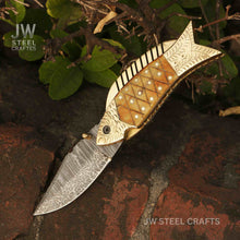 Load image into Gallery viewer, Handmade Damascus Fish Folding Knife – Bone Handle with Brass Bolster