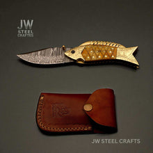 Load image into Gallery viewer, Handmade Damascus Fish Folding Knife – Bone Handle with Brass Bolster