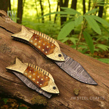 Load image into Gallery viewer, Handmade Damascus Fish Folding Knife – Bone Handle with Brass Bolster