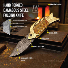 Load image into Gallery viewer, Handmade Damascus Fish Folding Knife – Bone Handle with Brass Bolster