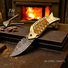 Load image into Gallery viewer, Handmade Damascus Fish Folding Knife – Bone Handle with Brass Bolster