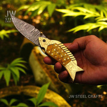 Load image into Gallery viewer, Handmade Damascus Fish Folding Knife – Bone Handle with Brass Bolster
