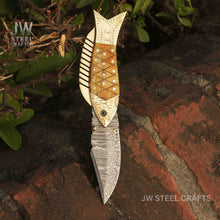Load image into Gallery viewer, Handmade Damascus Fish Folding Knife – Bone Handle with Brass Bolster