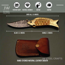 Load image into Gallery viewer, Handmade Damascus Fish Folding Knife – Bone Handle with Brass Bolster